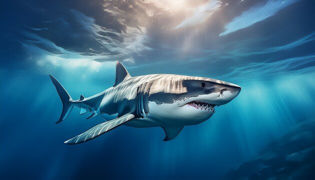 great white shark swimming in the deep blue ocean generative ai
