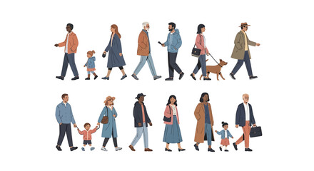 Illustration of diverse group of people walking in various poses with children and a dog