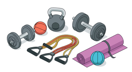 A collection of exercise equipment for a home workout routine