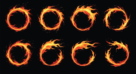 Illustration of collection of eight fiery ring shapes with flames on for design and decoration purposes © Hikari Vector Studio