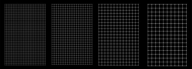 Obraz premium Set of square grids with circles at line crossings on black in four densities bold to micro. dot nodes precise matrix pages UI wireframes, network diagrams data dashboards. Modern technical bundle