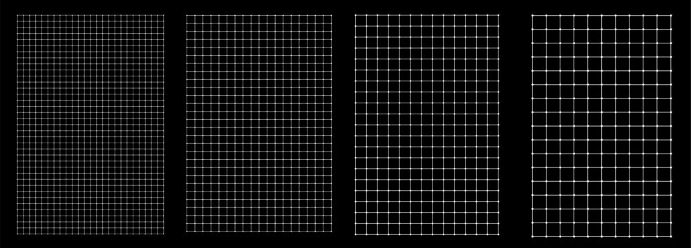 Set of square grids with circles at line crossings on black in four densities bold to micro. dot nodes precise matrix pages UI wireframes, network diagrams data dashboards. Modern technical bundle
