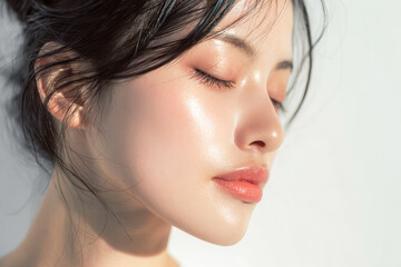 Naklejka premium Close-up side profile of woman with luminous dewy skin and glossy lips, eyes closed in soft sunlight, clean minimal background.