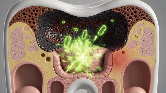 Computer Generated Imagery Illustrating Tooth Decay Progression With Microscopic Bacteria Growth and Enamel Erosion on