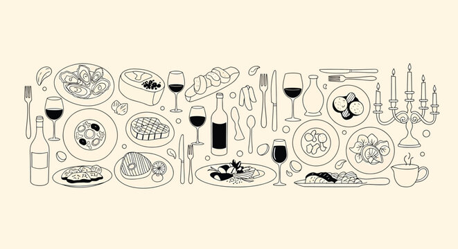 Illustration of a black and white illustration of various food and drink items on a table setting with plates glasses and utensils on a beige background