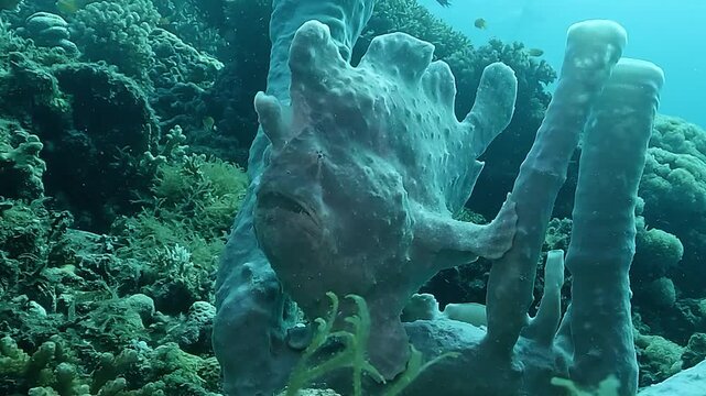 Three quarter front view of a white frogfish &ndash; Antennarius pictus &ndash; resting on a pale sponge, its camouflage allowing this ambush predator to remain perfectly still as it waits to inhale passing prey.