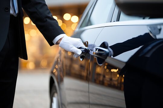 Valet chauffeur opening luxury vehicle door at night, wearing white gloves, delivering premium VIP transportation service with elegance, professionalism, exclusivity, and executive lifestyle atmospher