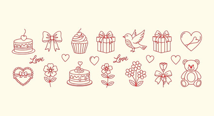 Fototapeta premium Illustration of collection of cute valentines day icons including gifts, cakes, hearts, flowers, and teddy bear on cream background