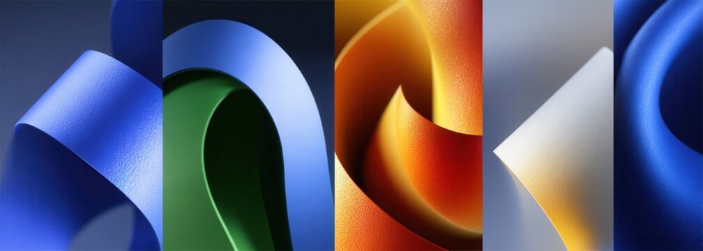 Composi&ccedil;&atilde;o abstrata de m&uacute;ltiplas faixas curvas em tons vibrantes de azul, verde, laranja e cinza