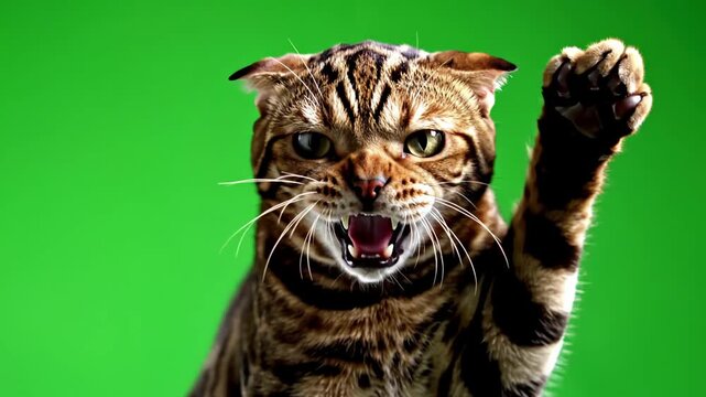 Green Screen 4k bengal cat on isolated with chroma key real shot close up portrait of angry hissing and raising his paw scene 2 distortion, overlay, glitch, static noise, scan lines black background