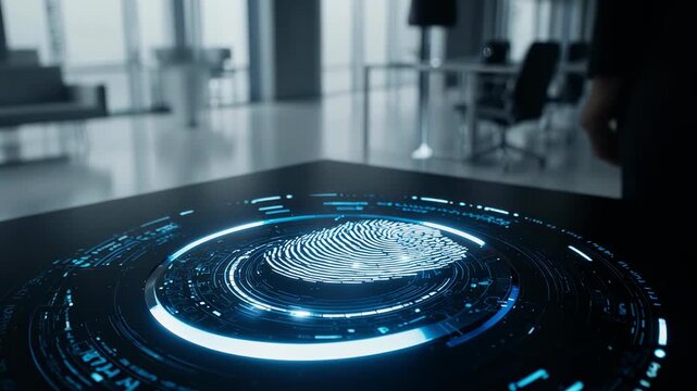 Futuristic holographic fingerprint scanner glowing blue with circular data patterns, symbolizing biometric authentication and workplace security technology.