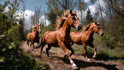 Three chestnut horses gallop at full speed along a dirt path through a sun-dappled forest, kicking up dust and displaying their powerful musculature, manes flowing in the wind.