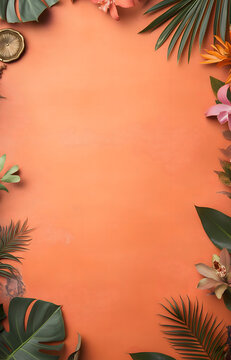 Summer orange background with tropical palm leaves and exotic flowers border