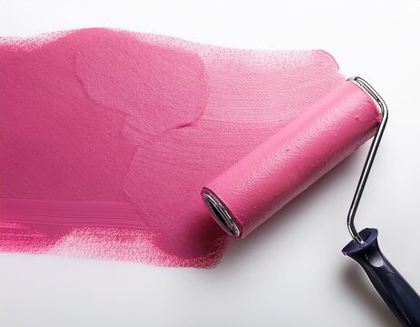 application of pink paint with a roller brush on a white background