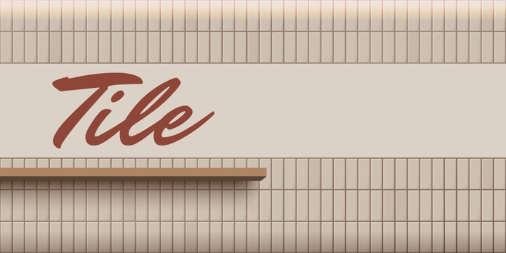Subway tile background for banner. Vector copy space abstract design in beige colors with light effect and wooden shelf. Interior ceramic wall texture