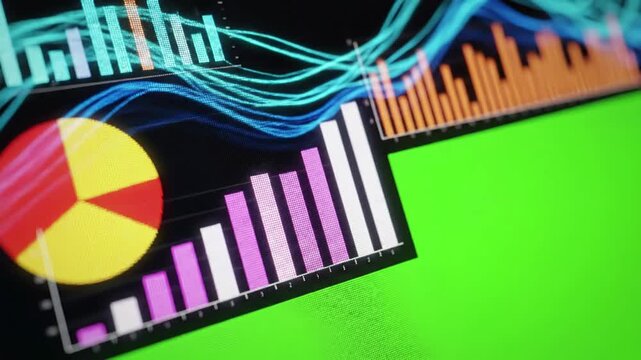 Corporate Technology Interface with macro close up unrecognizable female looking at charts on computer screen distortion, green overlay, glitch, static noise, scan lines black background, 4k animated