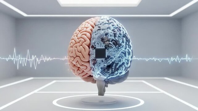 Dynamic animation of a brain, one hemisphere organic and the other glowing with blue circuitry and an embedded chip, displaying an active waveform, symbolizing advanced artificial intelligence video.