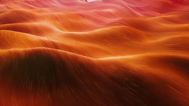 Rolling flame-orange waves sweep across the frame, silky ridges catching light while fine streaks skim the surface, fading into a warm red to pink gradient that hints at slow, fluid motion.