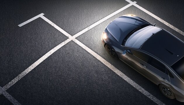 top view of solitary car resting in marked space with worn lines during quiet night