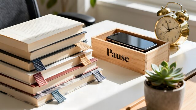 Stack of books next to a wooden box labeled pause containing a smartphone on a white desk