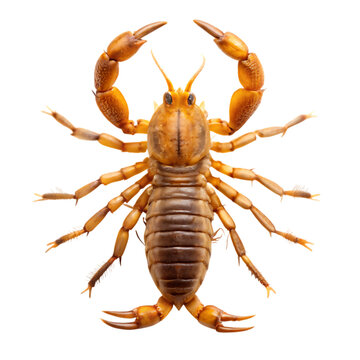 Detailed sea scorpion eurypterid with yellow brown body and legs isolated on a transparent background