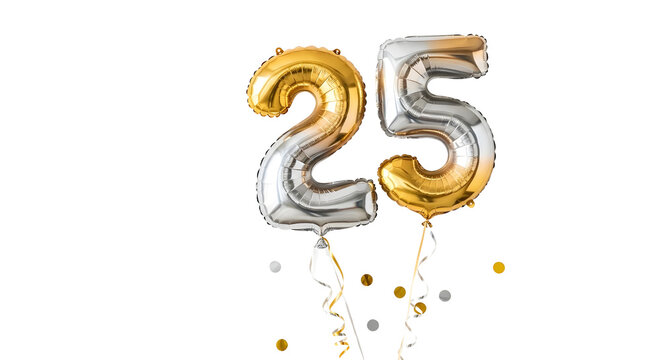 Metallic gold and silver number 25 balloons, shiny foil birthday balloons for 25th anniversary, festive celebration party decor with confetti isolated PNG with Transparent Background
