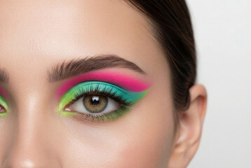 Naklejka premium Creative eye makeup featuring vibrant pink and green colors