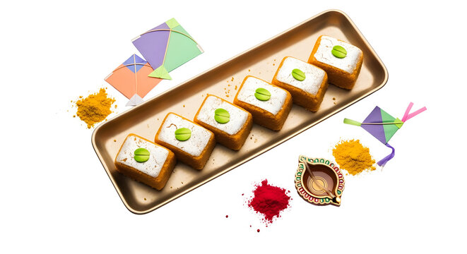 Traditional Indian sweets on golden tray for Makar Sankranti, festive barfi with kites and gulal powder, cultural celebration of Diwali and Holi festivals isolated PNG with Transparent Background