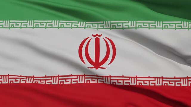 Iranian national flag with green, white, and red bands, central emblem, and Kufic script border, symbolizing identity and revolution.