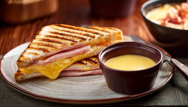 a freshly made panini with grill marks oozing with melted cheese and ham served with hot soup