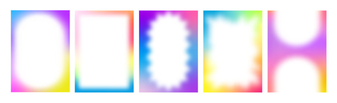 Color Gradient Frames. Cute Kid Fun Background. Decorative Blur Transparent Borders with Rainbow Color Gradation. Vector Aura Glow Frames for Y2K Posters, Kid Parties and Holi Festival.