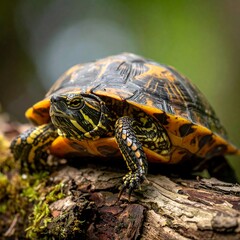 Obraz premium A turtle perches on a mossy log, showcasing its intricate shell patterns