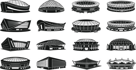 Modern stadium architecture silhouettes collection sports arena buildings vector set including domed stadiums indoor arenas and contemporary sport complexes © MdAnoar