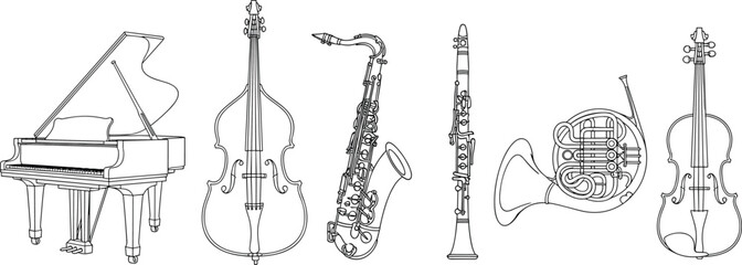 Musical instruments outline collection, piano violin saxophone clarinet horn line art set, classical orchestra instrument vector illustration © MdAnoar