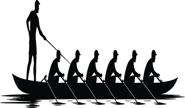 Silhouette of a rowing team with a coxswain on a boat