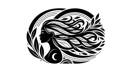 Obraz premium Stylized black and white illustration of a woman's profile with flowing hair and botanical elements.