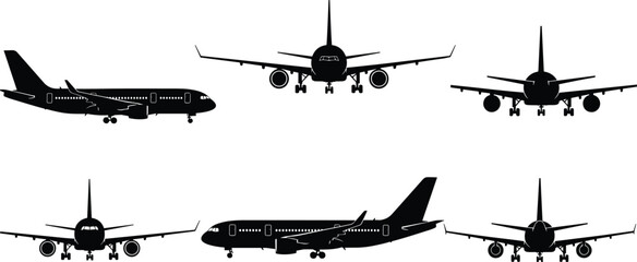 Commercial passenger airplane silhouette set, multiple aircraft front side rear views, aviation transportation vector illustration isolated on white background