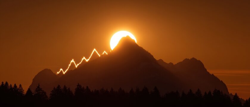 Sunrise Through Mountain Shaped Like Heartbeat Creates a View of Hope and Warmth in the Early Morning Sky