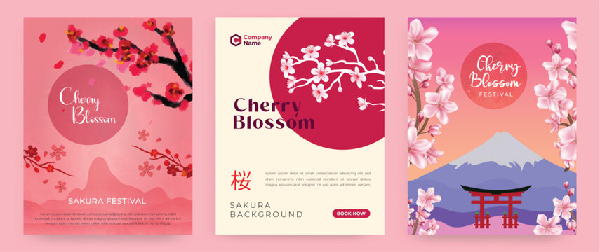 Set of spring backgrouds with sakura branch. Cherry blossoms. Design for card, wedding invitation, cover, packaging, cosmetics. 