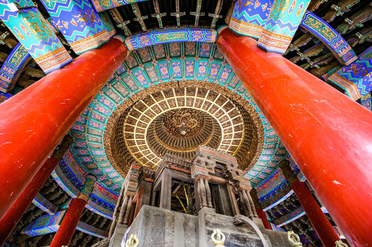 Pule Temple Ornate Ceiling with Red Pillars, Chengde, Hebei Province