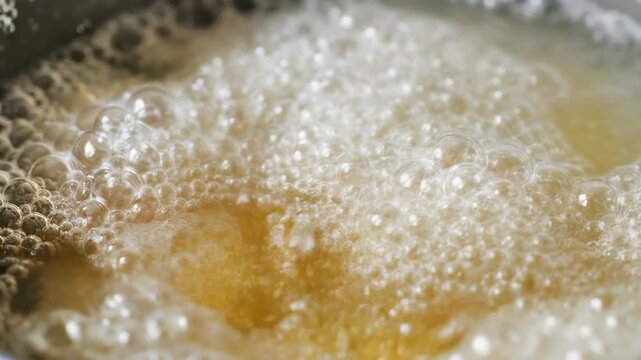 Bubbling liquid with foam and bubbles, being poured into, with a stream of liquid