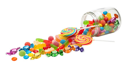Colorful candy jar spilling vibrant lollipops and gummy sweets onto transparent background isolated on a transparent background
