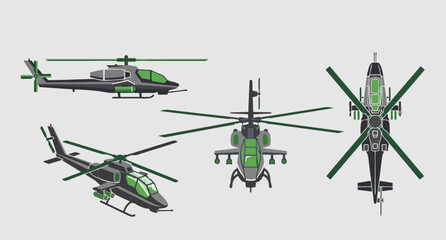 Heavy Attack Helicopter Flat Vector Illustration with Multiple Perspectives
