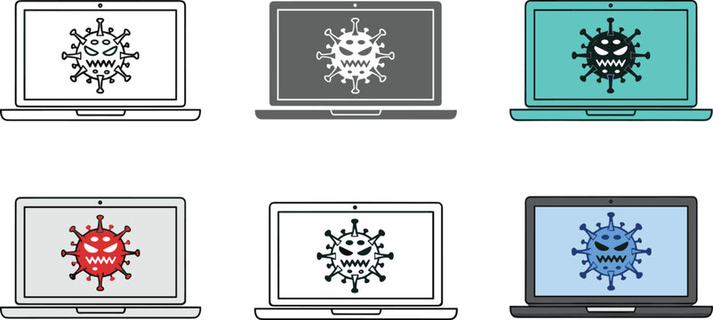 Laptop computer virus icon set featuring malware bug symbols on screen in colorful flat design line art and solid black styles for cybersecurity concepts.