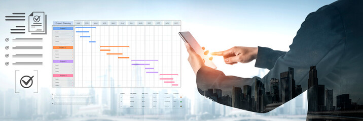 A project management dashboard for business. The interface features a Gantt chart to visualize the...
