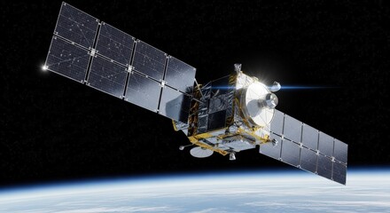 Fototapeta premium Artificial Satellite Orbiting Above the Beautiful Earth in Outer Space, Majestic View of Our Planet