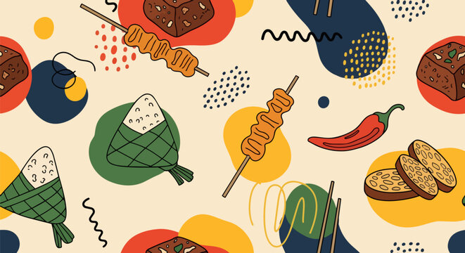 Decorative Culinary Pattern Abstract Geometric Texture with Satay, Bacem, and Rice Dumplings