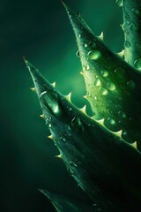 Close up of a green aloe vera plant with fresh water drops for skincare and natural wellness concepts