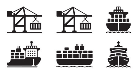 Obraz premium Simplified maritime transport icons with various cargo ship designs and harbor gantry cranes