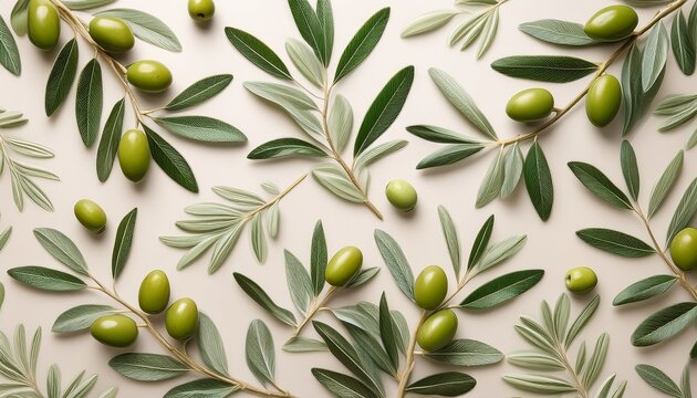 elegant olive branch pattern with detailed leaves and tiny olives muted sage green on a soft ivory background high definition background mock up wallpaper